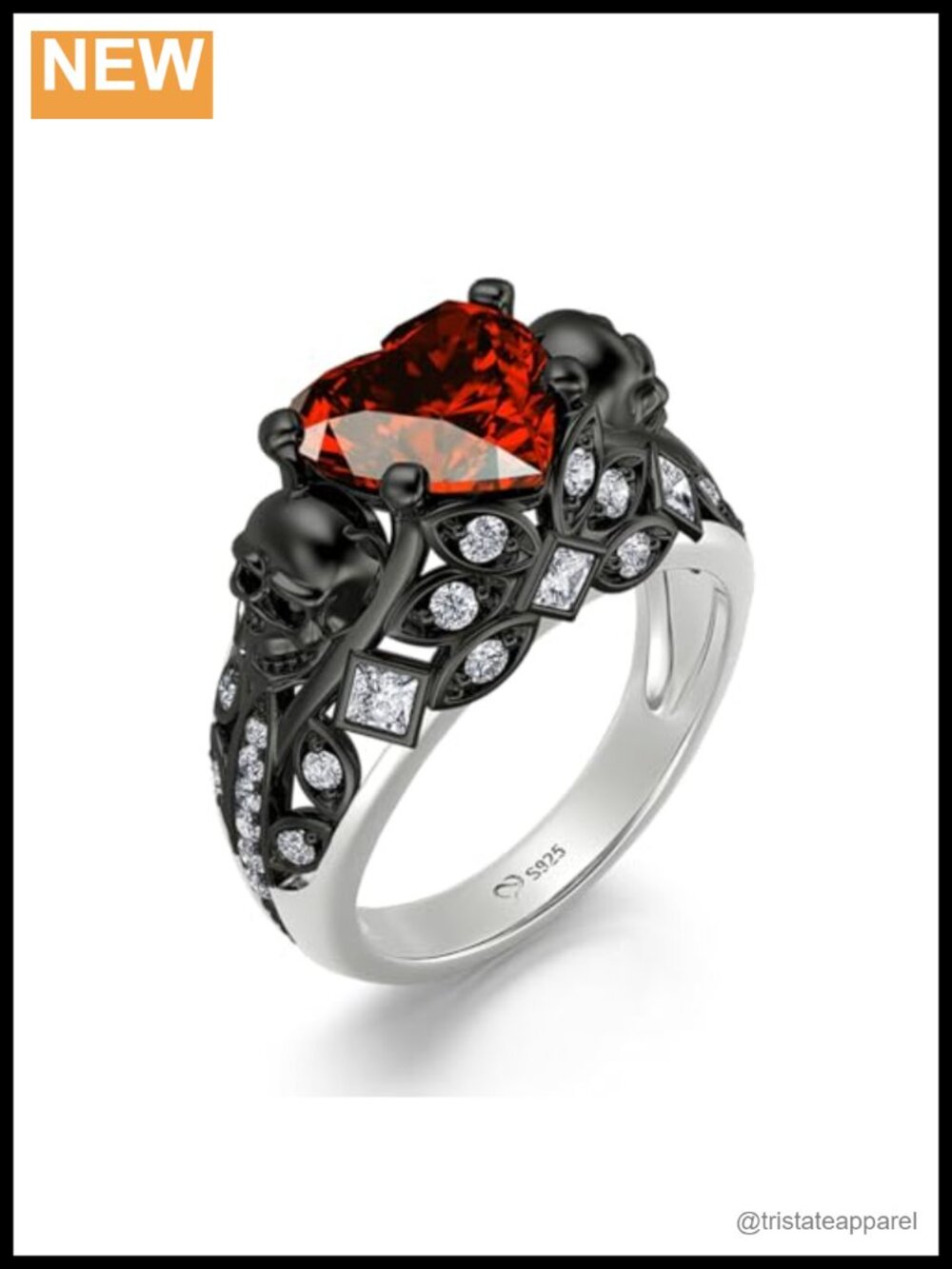 Sterling Silver Skull Engagement Ring Set Heart Cut 2.55ct Bridal Gift Box
